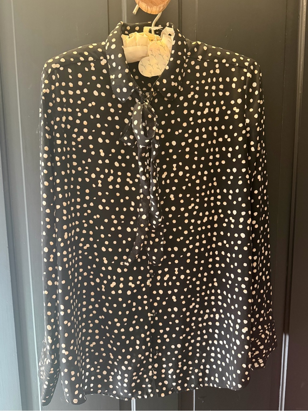Banana Republic Black Blouse with Cream Polka Dots and Neck Tie. Small